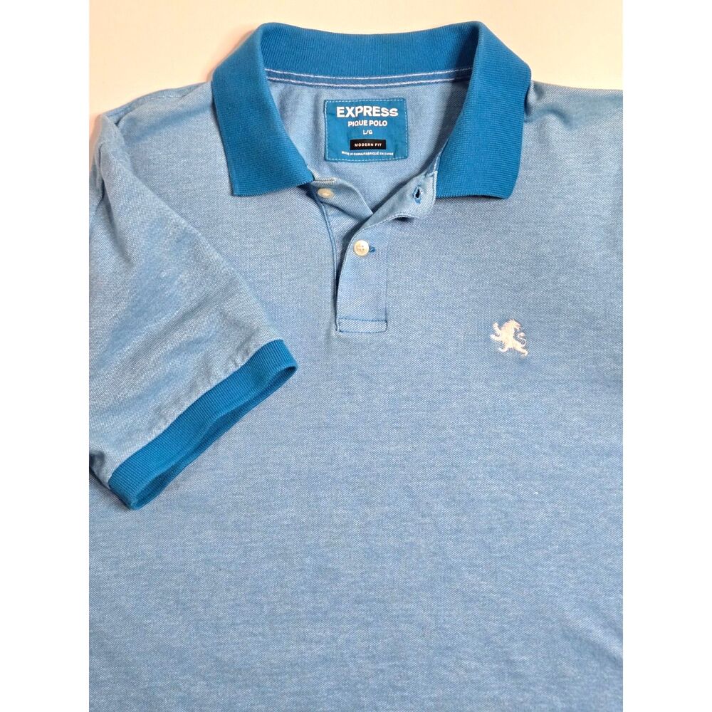 Express Pique Polo Shirt | Men's Size L | Blue Heather Modern Fit Short Sleeve